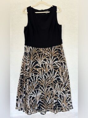 Jessica Howard Black Bodice Midi Dress with Brown and Cream Leaf Print Skirt